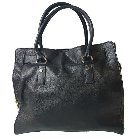 MICHAEL KORS Large Shoulder Bag Black Leather AP-1105 Gold Tone Hardware MK Lock - Picture 2 of 12